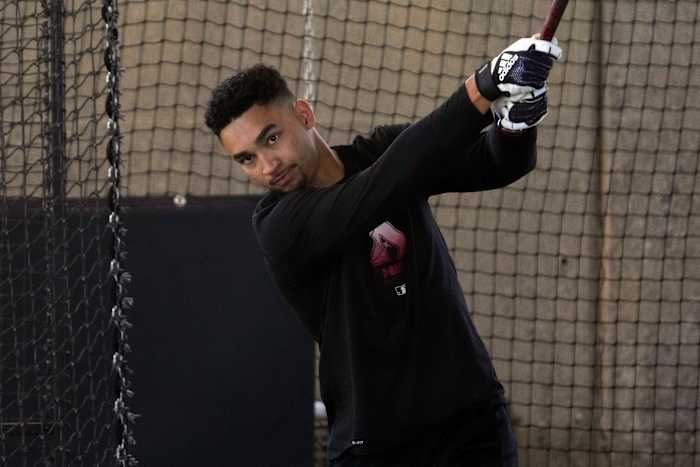 Jordan Lawlar takes batting practice at the Diamondbacks Spring Training facility during Minor League camp.